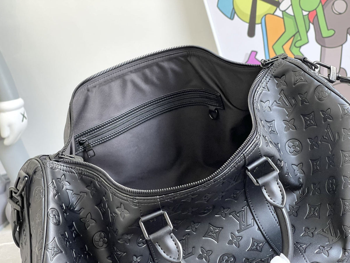 LOUIS VUITTON KEEPALL 50 BANDOULIERE BLACK EMPREINTE LEATHER