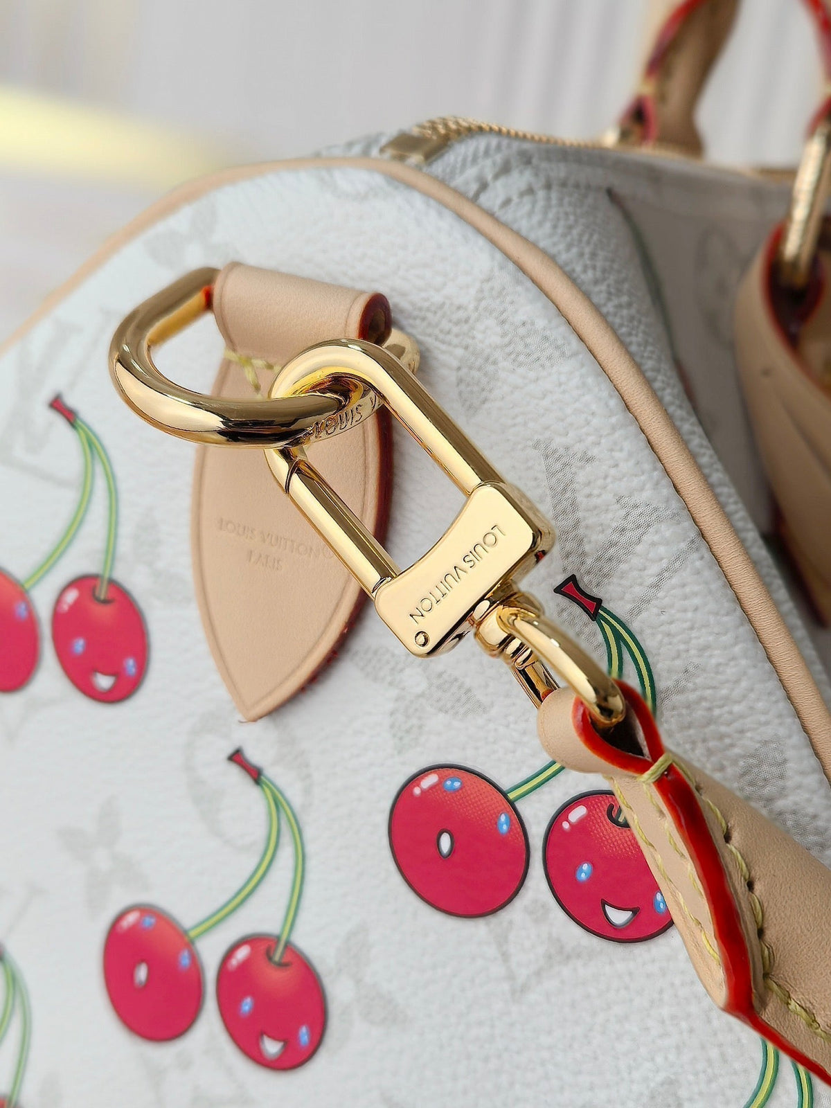 LOUIS VUITTON LV 25S SPEEDY SOFT 30 IN WHITE CANVAS MONOGRAM CHERRY PRINT GOLD HARDWARE