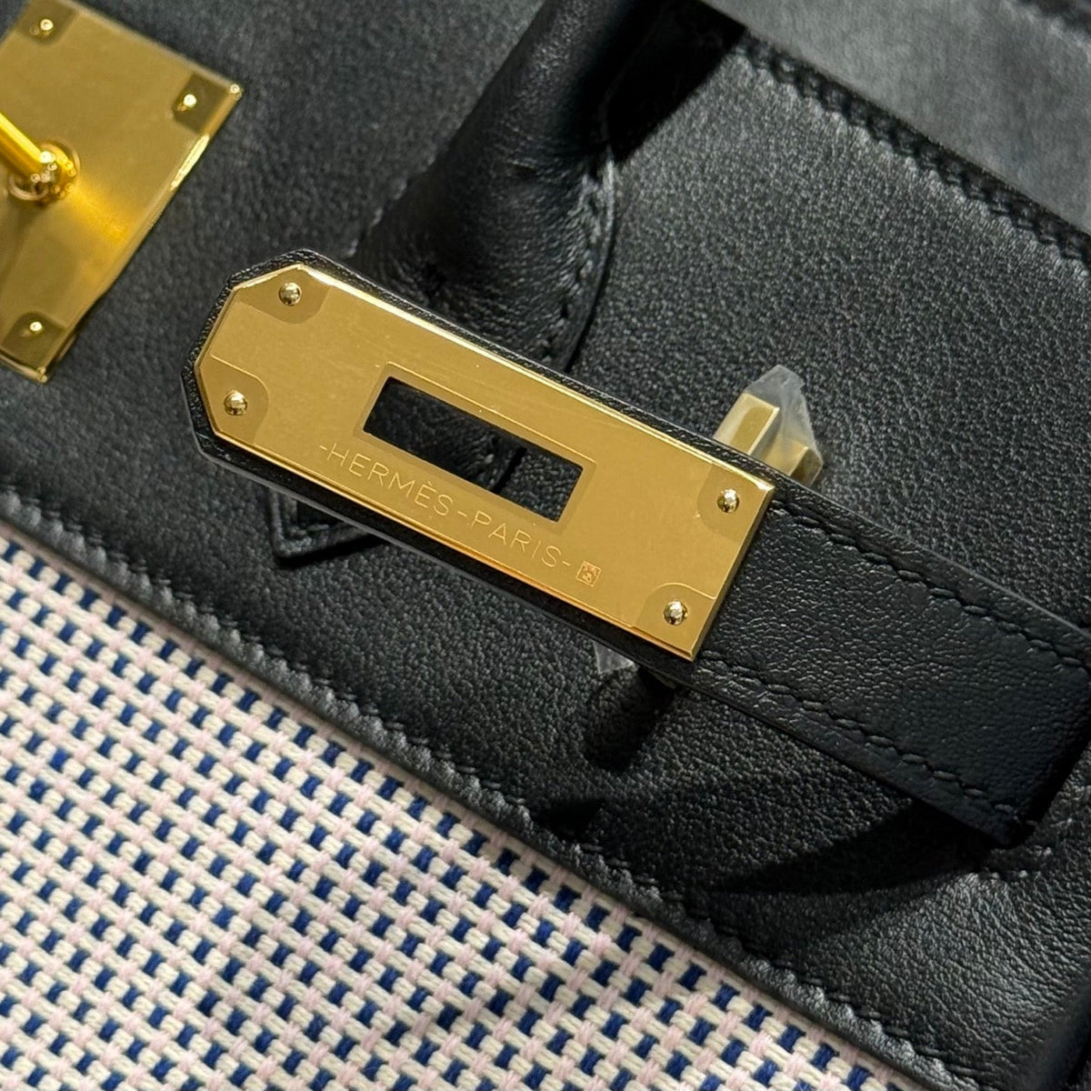 HERMES QUADRILLE BIRKIN 30CM IN BLACK SWIFT CALFSKIN WHITE BLUE PINK PLAID TOILE CANVAS