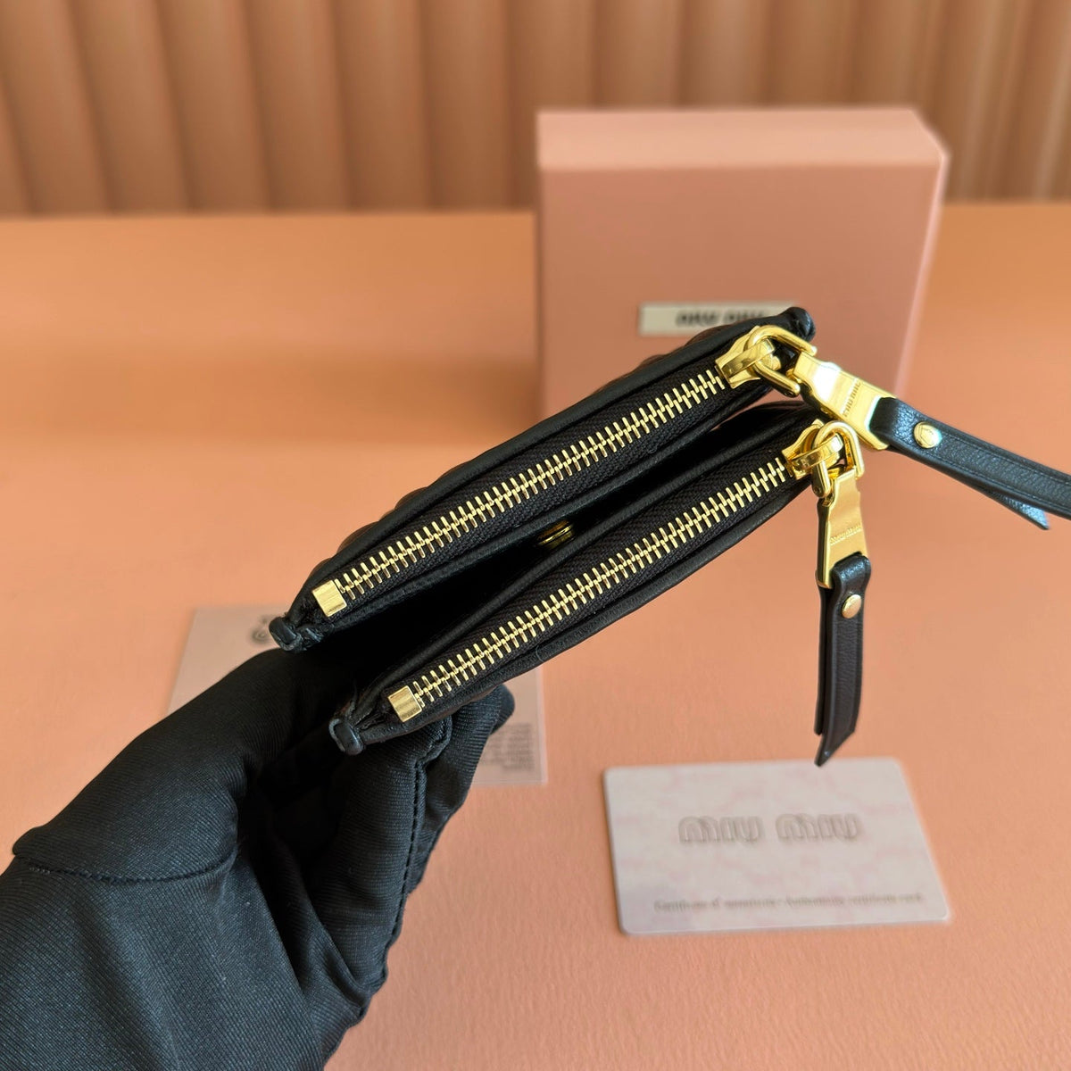 MIUMIU 26S SMALL MATELASSE CARD HOLDER 11 IN BLACK CALFSKIN GOLD HARDWARE