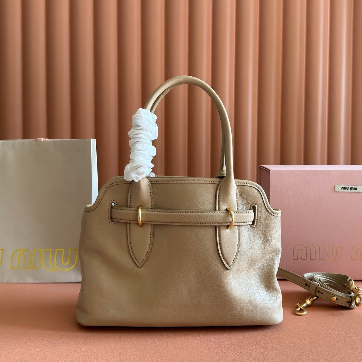 MIUMIU 26S BORSA AVENTURE BAG 30 IN DARK BEIGE CALFSKIN GOLD HARDWARE
