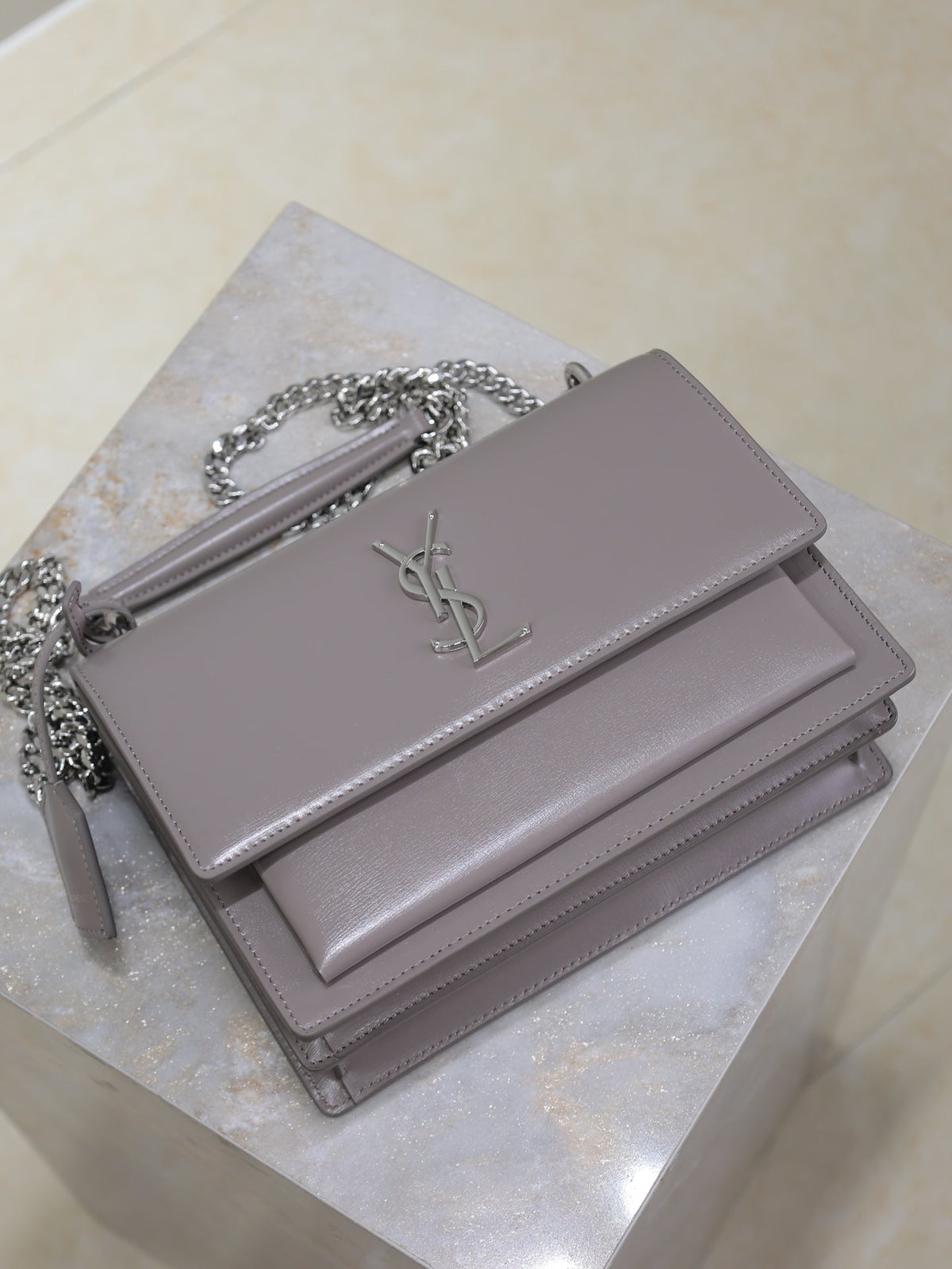 YSL 25S SUNSET BAG 22 IN DARK PURPLE CALFSKIN SILVER HARDWARE
